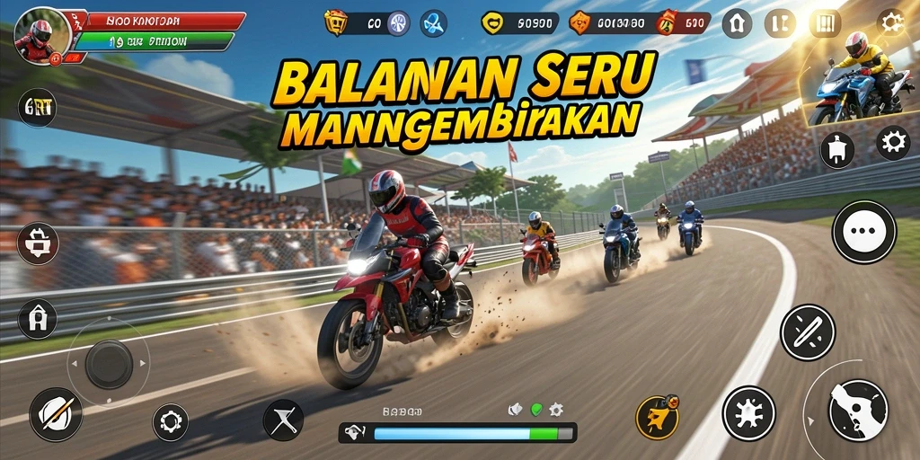 Tampilan aksi balapan seru di 6RT dengan motor-motor keren.