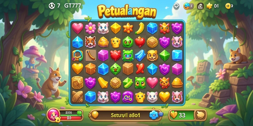 Screenshot GT777 menampilkan gameplay seru mencocokkan permata di level yang berwarna-warni.