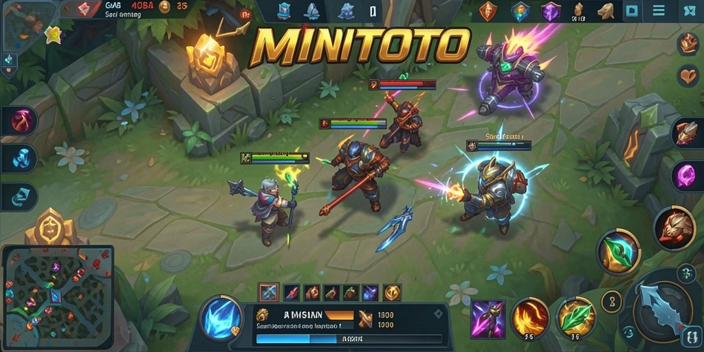Screenshot utama MINTOTO menampilkan pertarungan karakter MOBA yang dinamis.