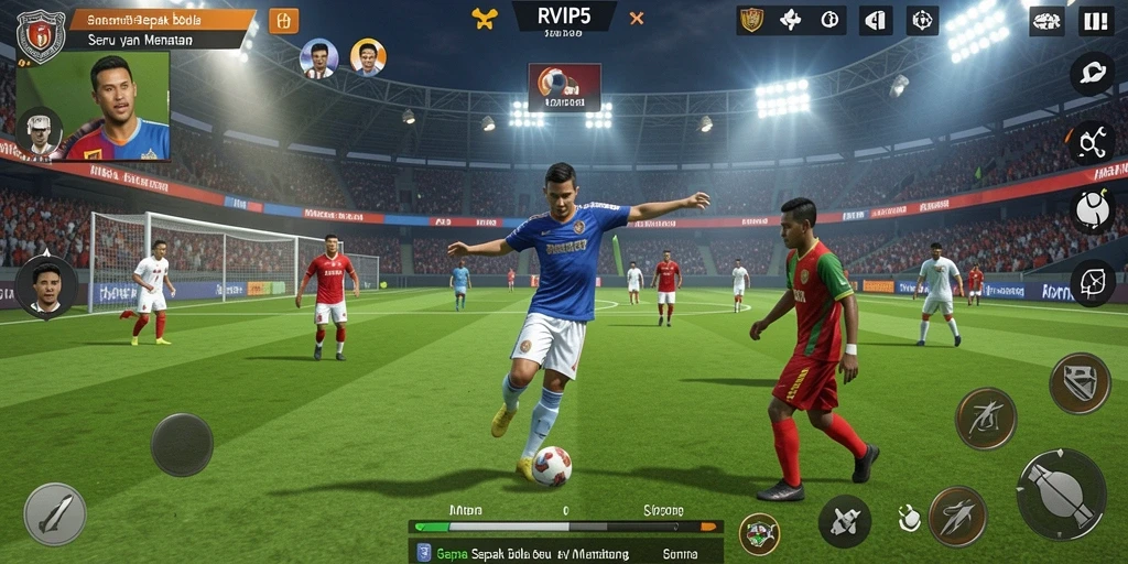 Screenshot utama RVIP5 menampilkan pertandingan sepak bola yang seru.